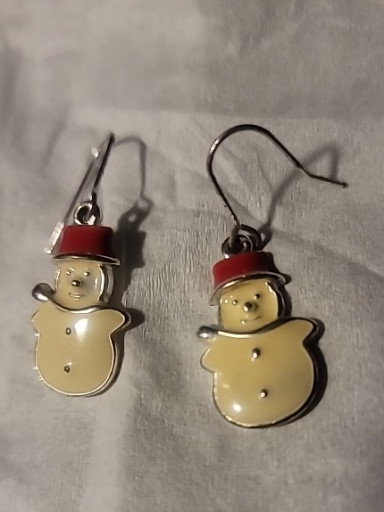 Enamel snowman earrings with red hats and gold-tone metal