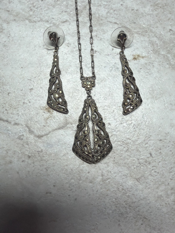 Sterling silver marcasite jewelry set with Art Deco pendant necklace and matching earrings