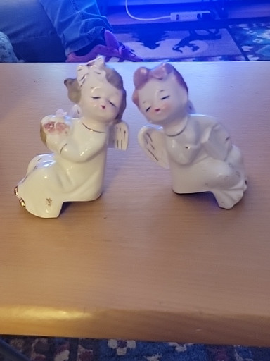 Pair of porcelain angel figurines, likely Japanese mid-century production