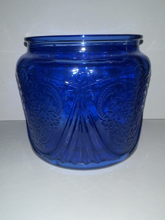Cobalt blue glass Royal Lace cookie jar by Hazel Atlas
