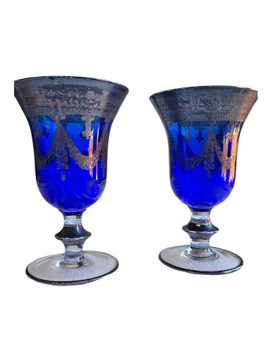 Pair of cobalt blue crystal wine goblets with silver overlay decoration