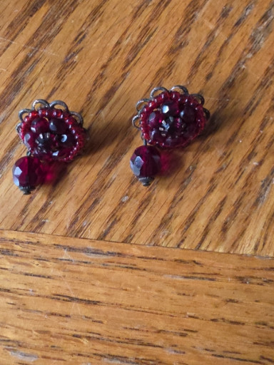 Vintage garnet or red glass beaded cluster earrings