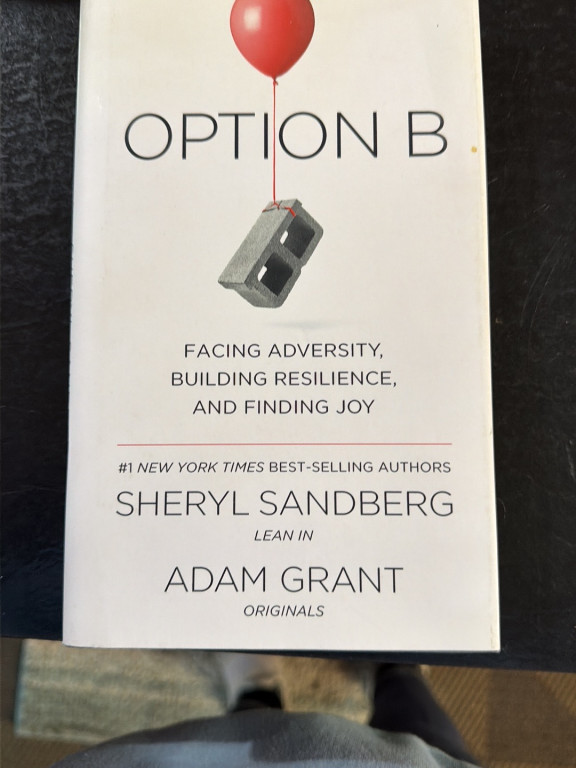 Book titled 'Option B: Facing Adversity, Building Resilience, and Finding Joy' by Sheryl Sandberg and Adam Grant, signed by both authors
