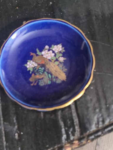 Porcelain plate with cobalt blue glaze and hand-painted pheasant decoration, likely Japanese Kutani-style