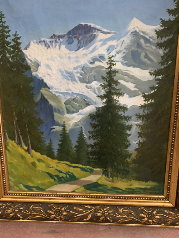 Peinture à l'huile de paysage alpin représentant la Jungfrau dans les Alpes bernoises par R. Jeanneret