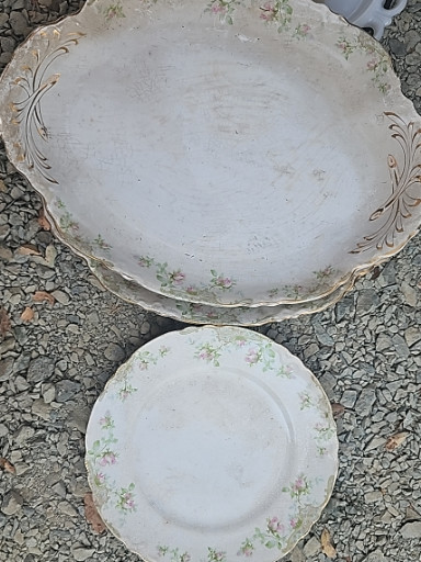 Porcelain serving platter and plate with hand-painted floral decoration by Haviland & Co., Limoges