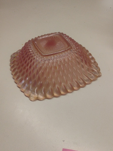 Pink pressed glass square dish with diamond point pattern