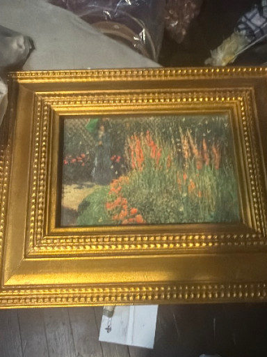 Oil painting depicting a garden with flowering plants, in the style of Impressionism