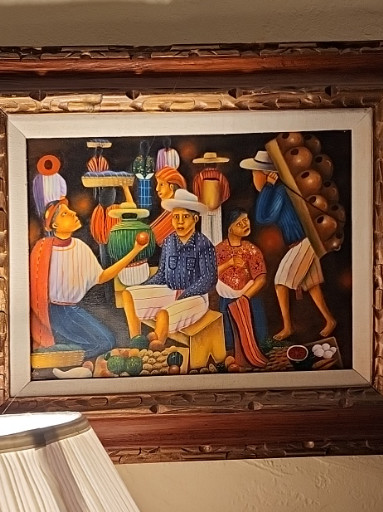Oil on canvas painting titled 'Mercado de Noche, Atitlán' by Mariano González Chavajay