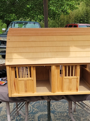 Wooden toy horse barn with stall doors