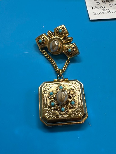 Gold-filled Victorian locket and brooch set with turquoise and seed pearls