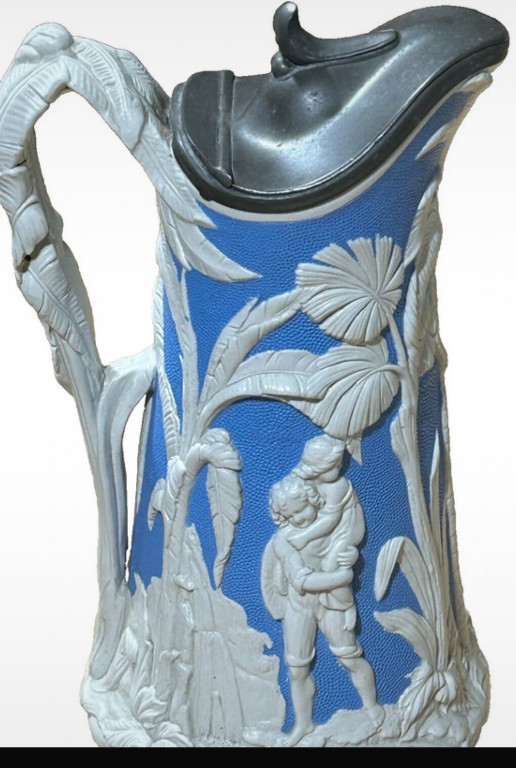 Jasperware pitcher with pewter lid titled 'Paul and Virginia' by T.J. & J. Mayer