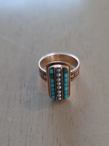 14k rose gold ring with turquoise and seed pearl inlay in Victorian Etruscan Revival style