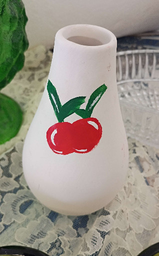 Frosted glass vase with hand-painted cherry decoration