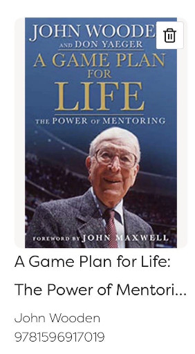Book titled 'A Game Plan for Life: The Power of Mentoring' by John Wooden and Don Yaeger