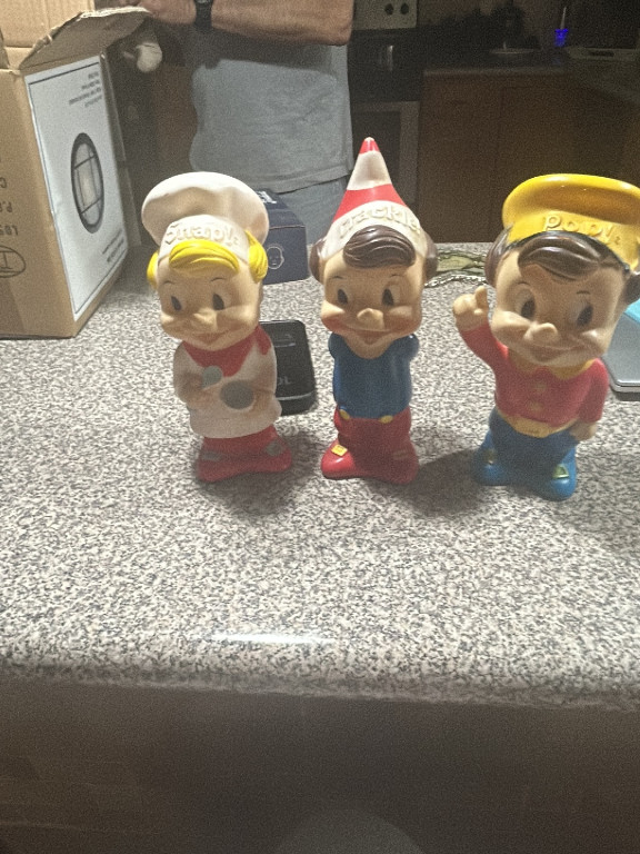 Vintage vinyl squeeze toys of Snap, Crackle, and Pop, Kellogg's Rice Krispies mascots