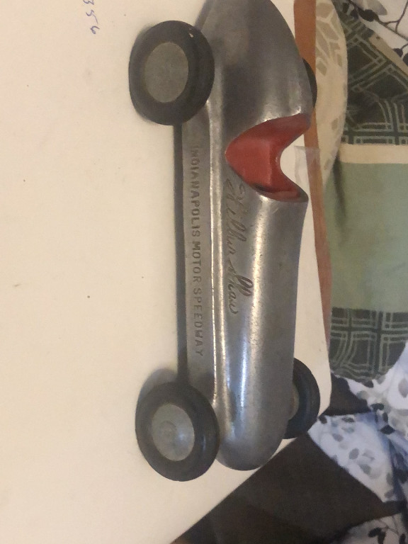 Cast aluminum toy race car commemorating Wilbur Shaw's Indianapolis 500 victories