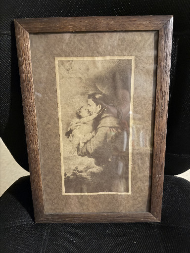 Antique sepia-toned print depicting 'St. Anthony of Padua with the Christ Child'