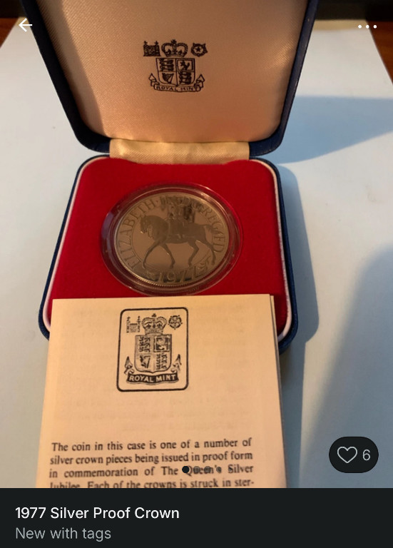 Silver proof crown coin commemorating Queen Elizabeth II's Silver Jubilee, issued by the Royal Mint