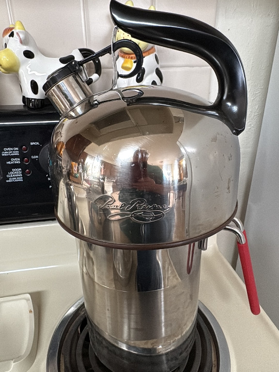 Stainless steel stovetop tea kettle with black Bakelite handle by Paul Revere