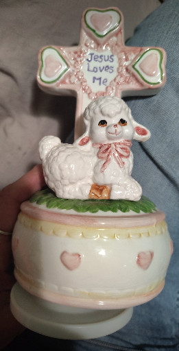 Porcelain music box figurine titled 'Jesus Loves Me' from the Dear God Kids collection by Enesco