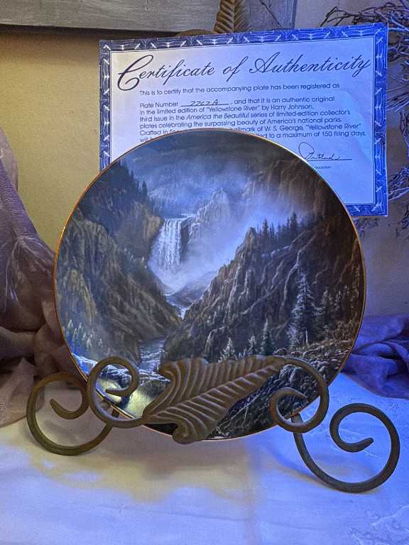 Porcelain collector plate titled 'Yellowstone River' by Harry Johnson, part of the 'America the Beautiful' series by W.S. George