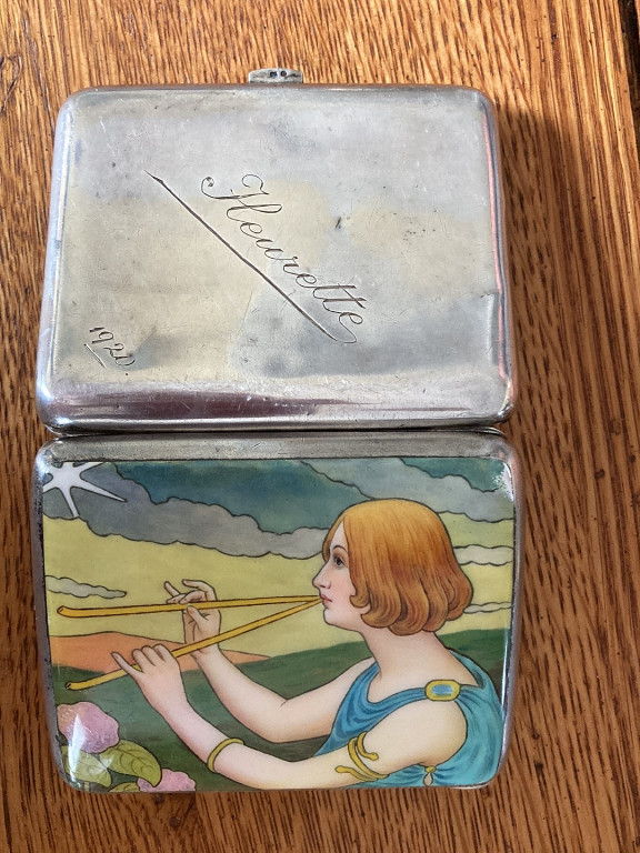 Silver cigarette case with enamel Art Nouveau scene titled 'Henriette'