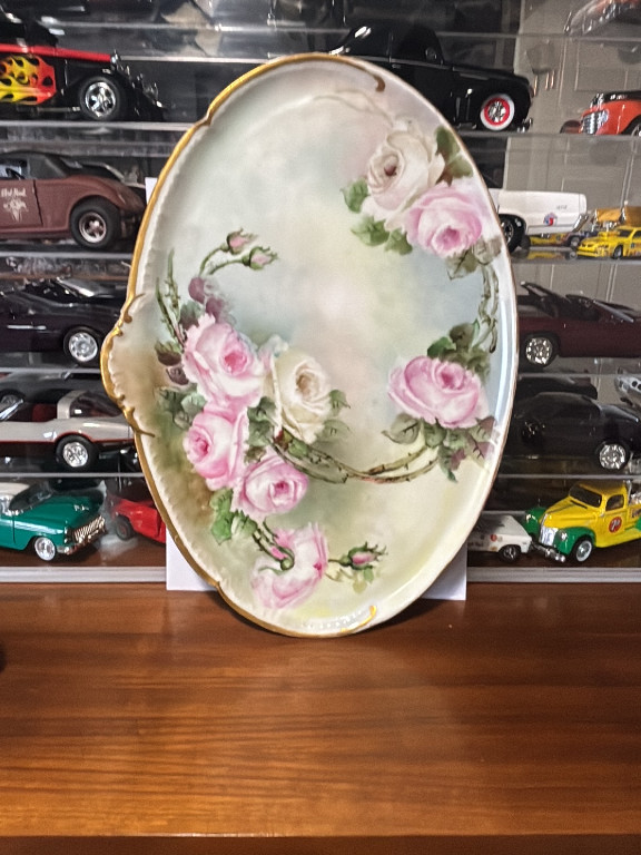 Hand-painted porcelain oval serving platter with pink and white roses by GDA Limoges