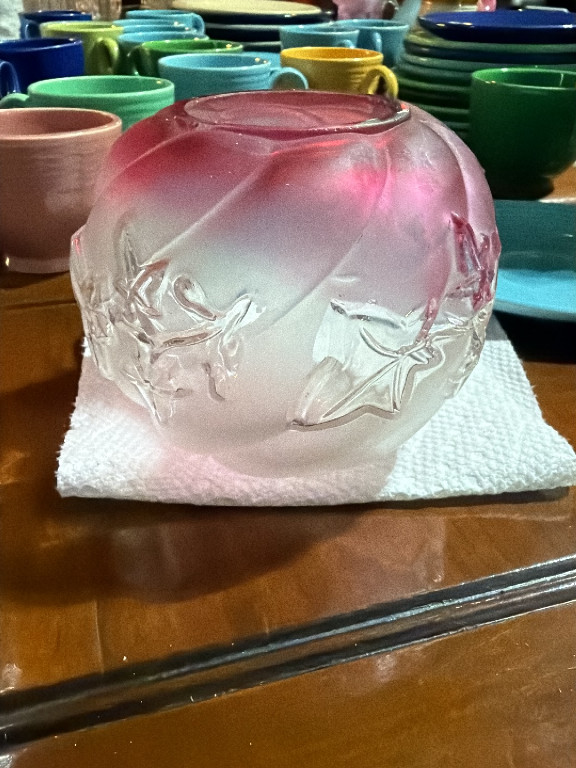 Frosted cranberry glass rose bowl with ivy pattern by Northwood Glass Company