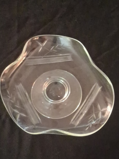 Clear pressed glass triangular dish with floral etching, circa 1930s-1940s
