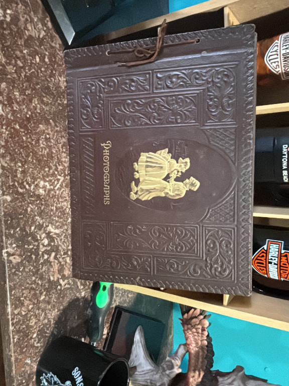 Embossed leather photograph album with decorative gilt motif and cord closure