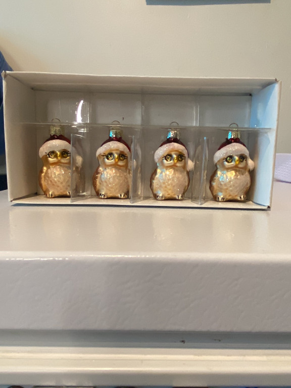 Set of four glass Christmas ornaments depicting owls wearing Santa hats by Boston International