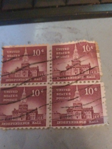 Block of four 10-cent United States postage stamps featuring Independence Hall, Scott #1044