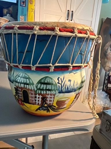 Hand-painted ceramic Moroccan tam-tam bongo drum with rope tensioning