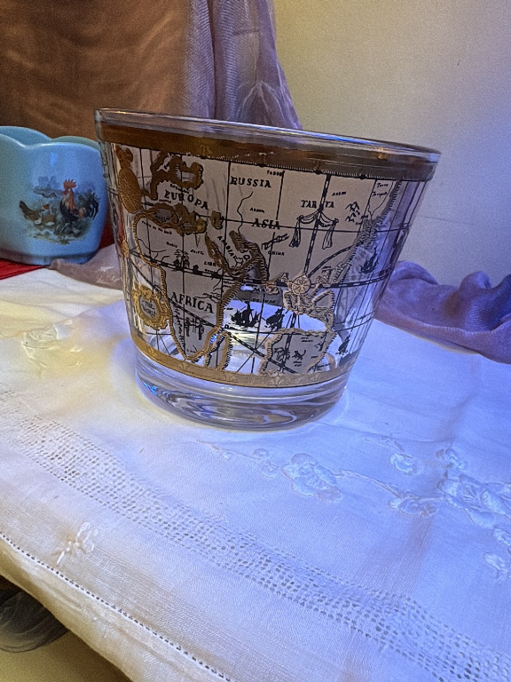Glass ice bucket with 22K gold 'Old World Map' pattern by Cera