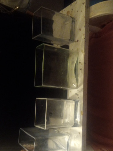 Set of four vintage handmade clear glass cube vases with certified quality sticker