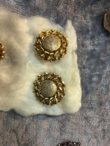 Gold-tone clip-on earrings with textured rope border and brushed center dome