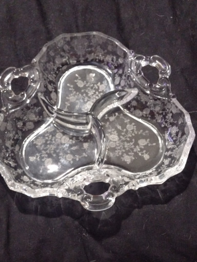 Clear glass three-part relish dish with etched 'Rose Point' pattern by Cambridge Glass Company