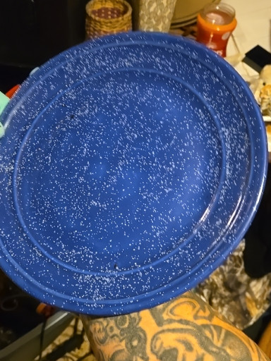 Blue speckled enamelware plate