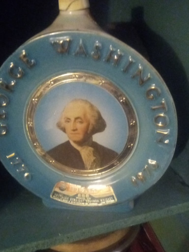 Ceramic commemorative decanter titled 'Martha Washington Bicentennial Plate Bottle' by Regal China for James B. Beam Distilling Co.