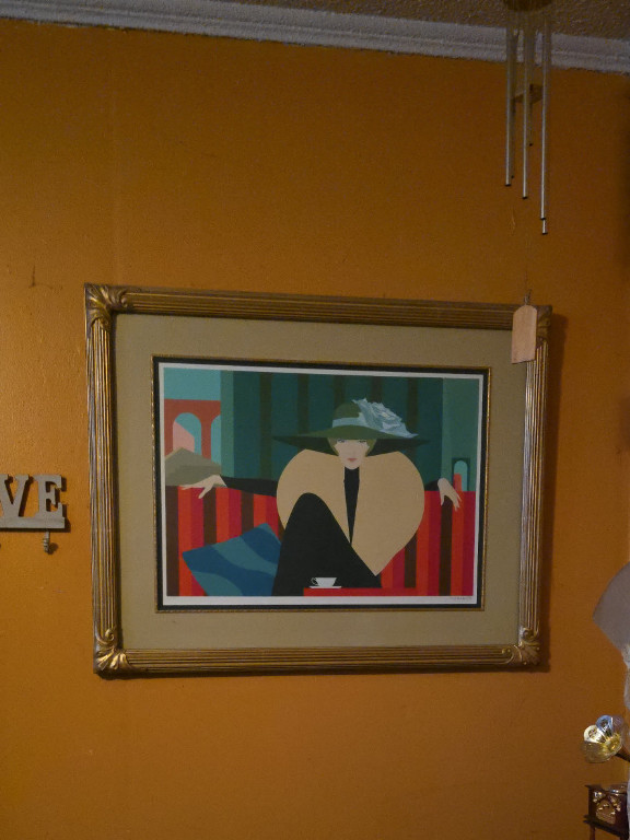 Lithographic print titled 'The Lady of the Striped Sofa' by Amleto Dalla Costa
