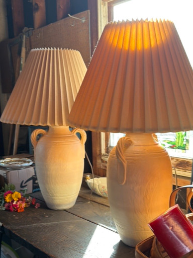 Pair of ceramic table lamps with pleated fabric shades