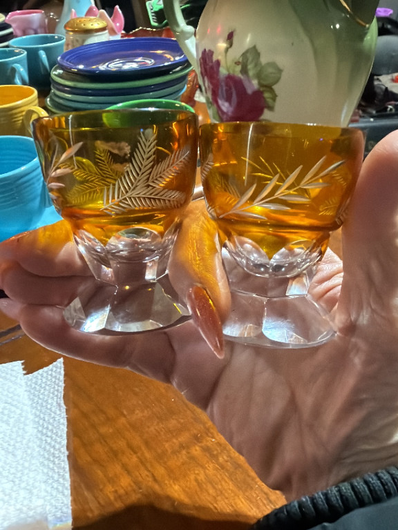 Pair of amber cut crystal cordial glasses with etched fern decoration