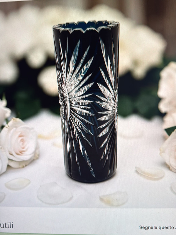Vaso in cristallo tagliato blu scuro con motivo a ventaglio, altezza 21 cm
