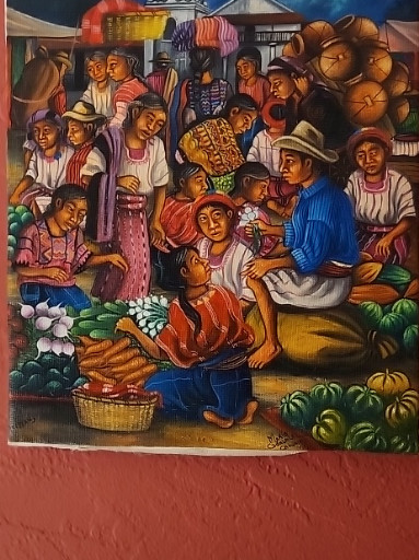 Oil painting on canvas depicting a Guatemalan market scene, artist unknown