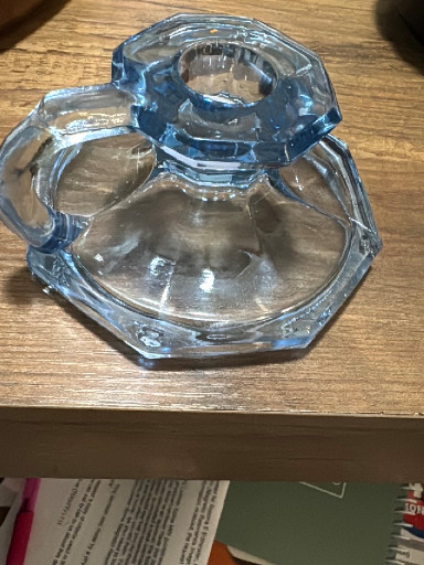 Clear pressed glass chamberstick candleholder with octagonal base and finger loop
