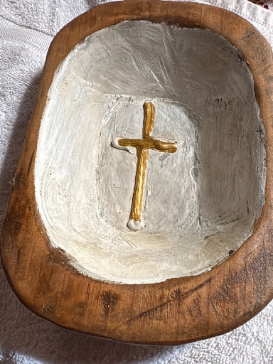 Hand-carved wooden prayer bowl with cross