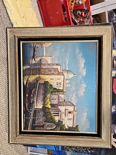 Peinture à l'huile sur toile représentant une scène de canal vénitien avec gondole, attribuée à Jean Garrigues