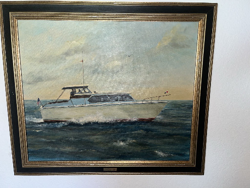 Oil painting on canvas depicting a cabin cruiser motorboat at sea