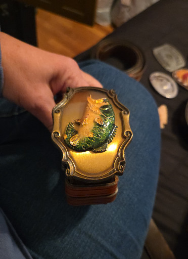 Brass belt buckle with enameled largemouth bass by Raintree